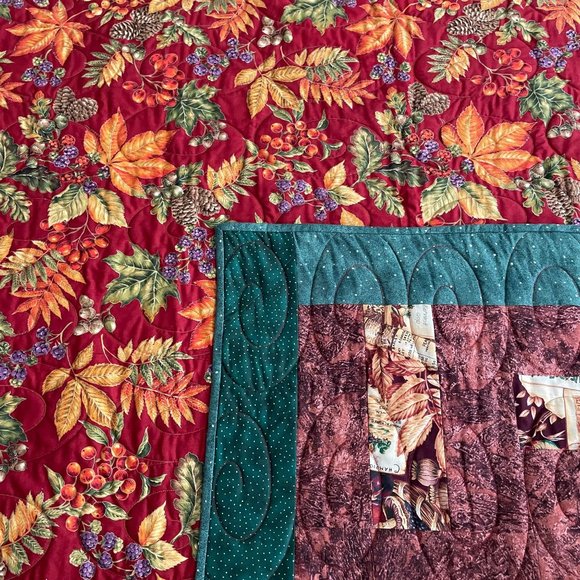 Handmade Harvest Lap Quilt Split Rail Greens & Browns Fall Leaf Berries 43 x 52 - Picture 6 of 14